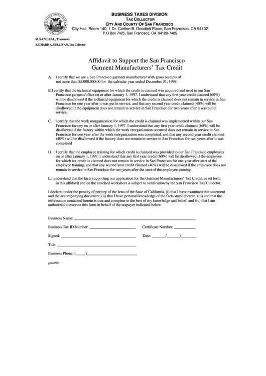Form Gmtaff99 - Affidavit To Support The San Francisco Garment Manufacturers
