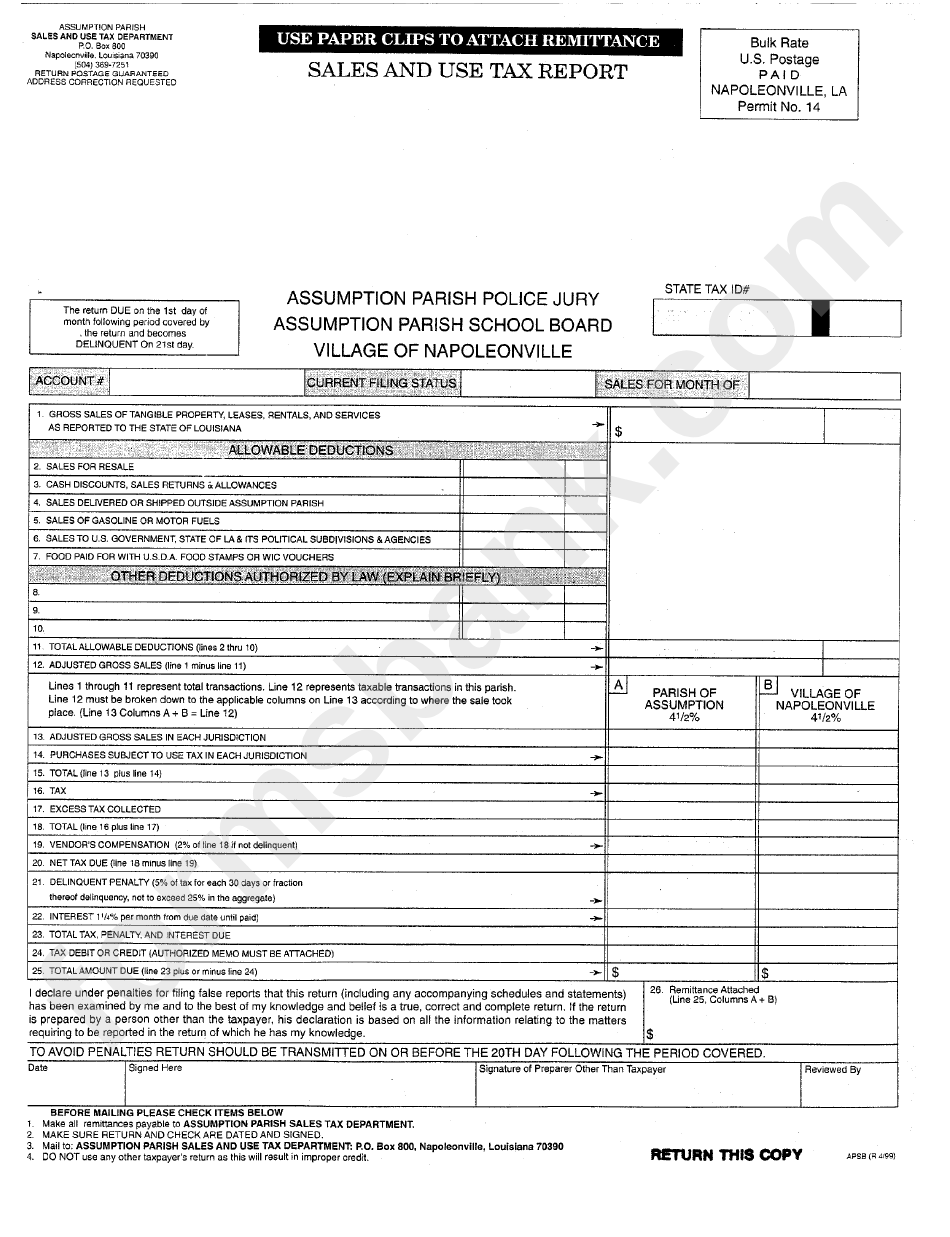 Form Apsb - Sales And Use Tax Report