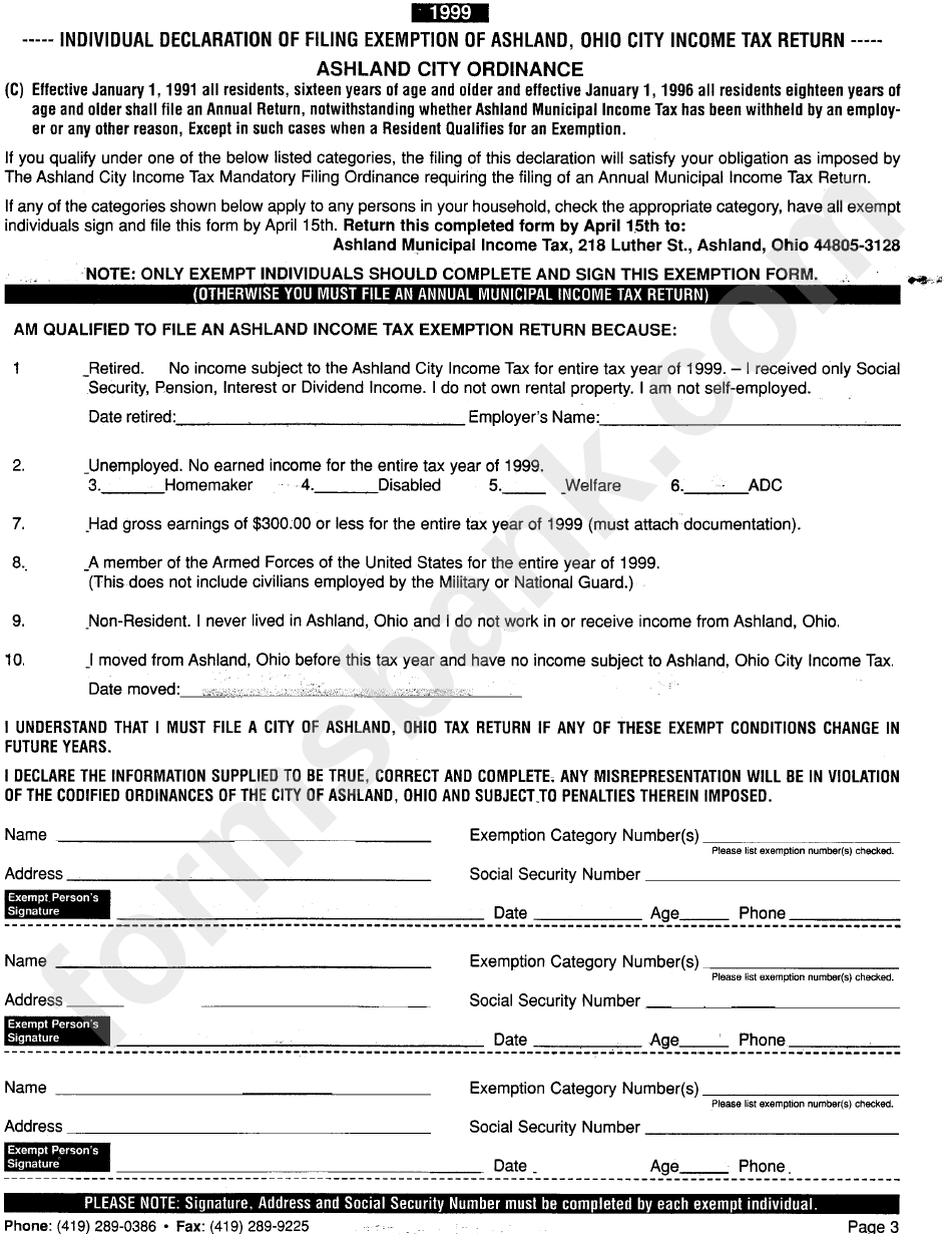 Individual Declaration Of Filing Exemption Of Ashland, Ohio City Income Tax Return