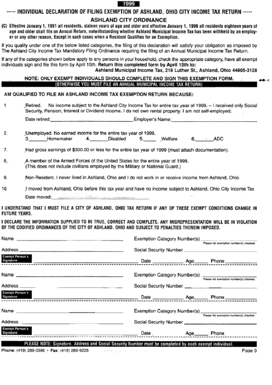 Individual Declaration Of Filing Exemption Of Ashland, Ohio City Income Tax Return Printable pdf