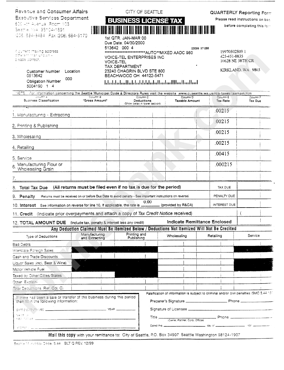Form Slt Q - Business License Tax