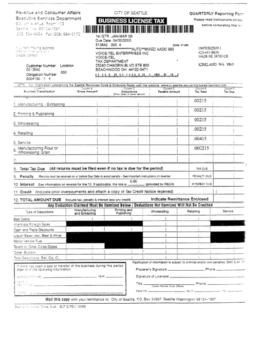 Form Slt Q - Business License Tax Printable pdf
