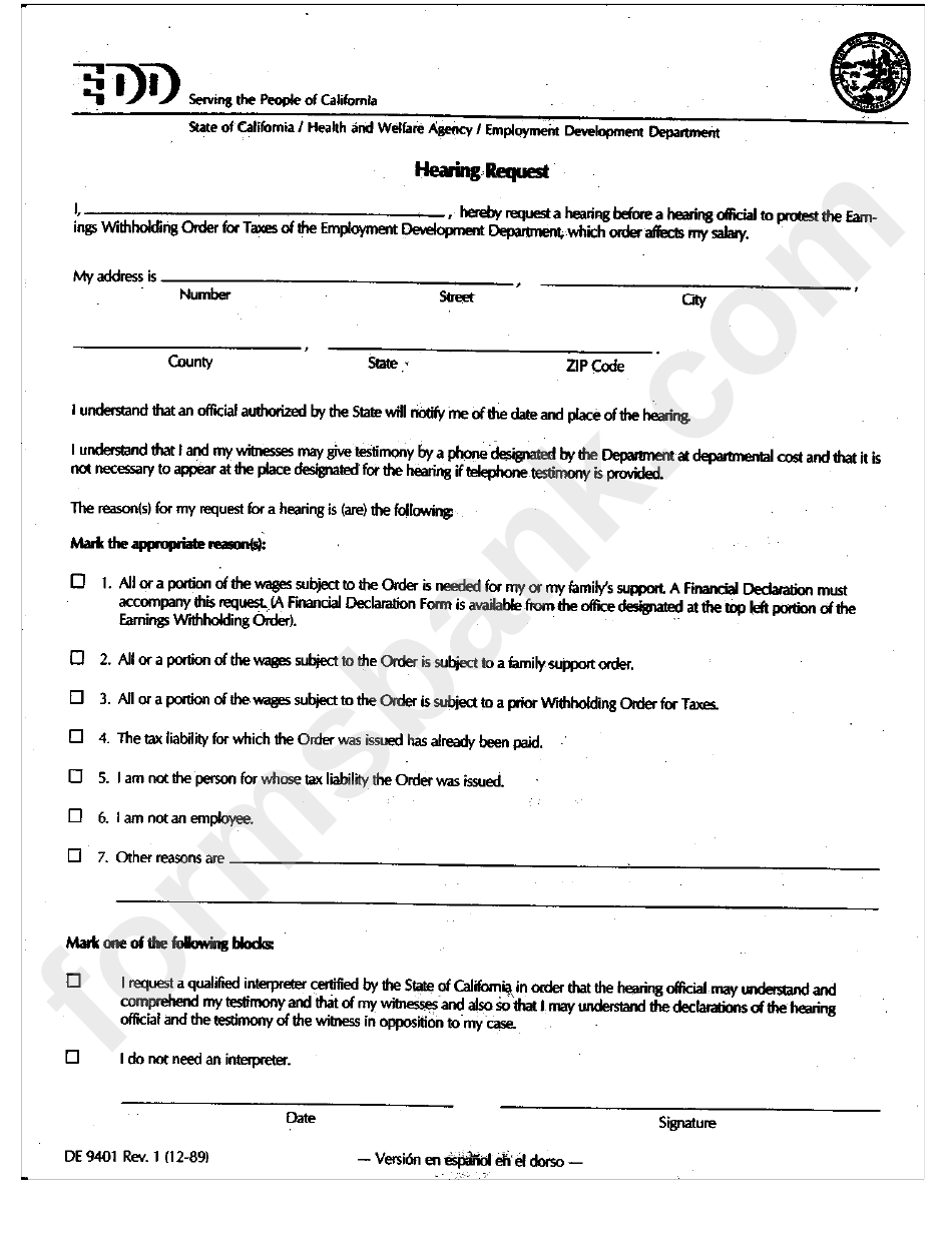 Form De 9401- Hearing Request