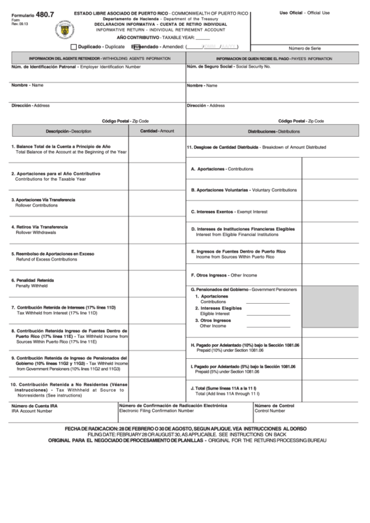 Formulario 480.7 - Declaracion Informativa - Cuenta De Retiro Individual Printable pdf