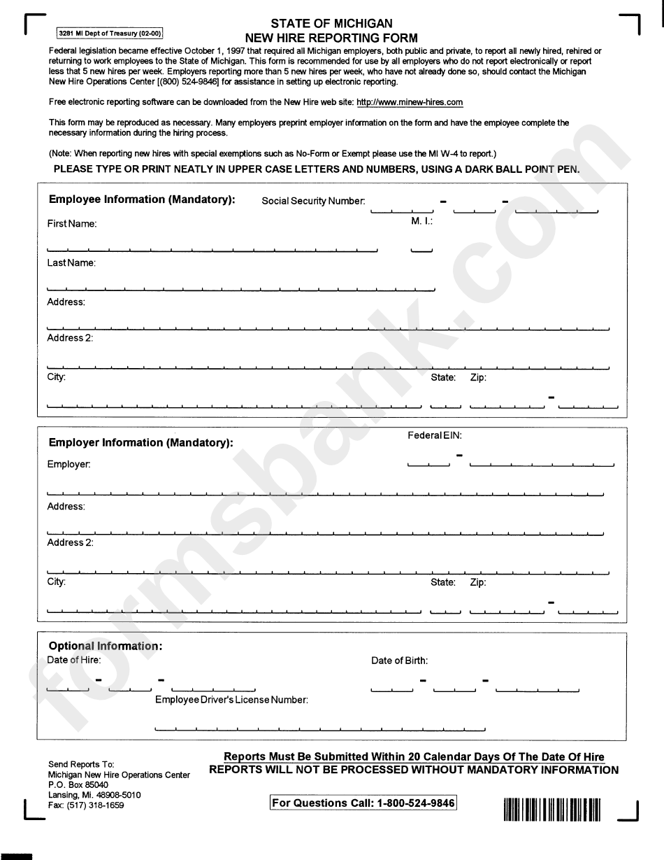 Form 3281 Mi - New Hire Reporting Form - 2000