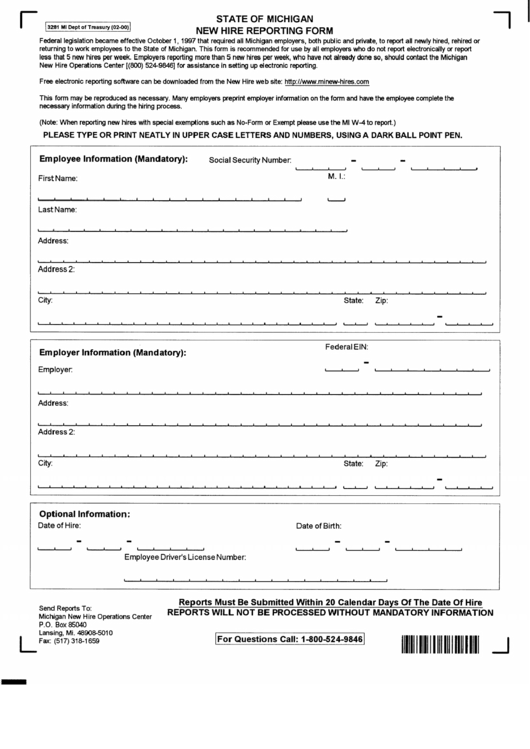 Form 3281 Mi - New Hire Reporting Form - 2000 Printable pdf