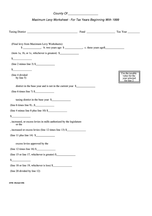 Form 24766 - Maximum Levy Worksheet - For Tax Years Beginning - 1999 Printable pdf