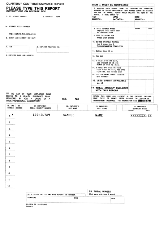 Form Uc-101a - Quarterly Contribution/wage Report - Wisconsin Department Of Workforce Development Printable pdf
