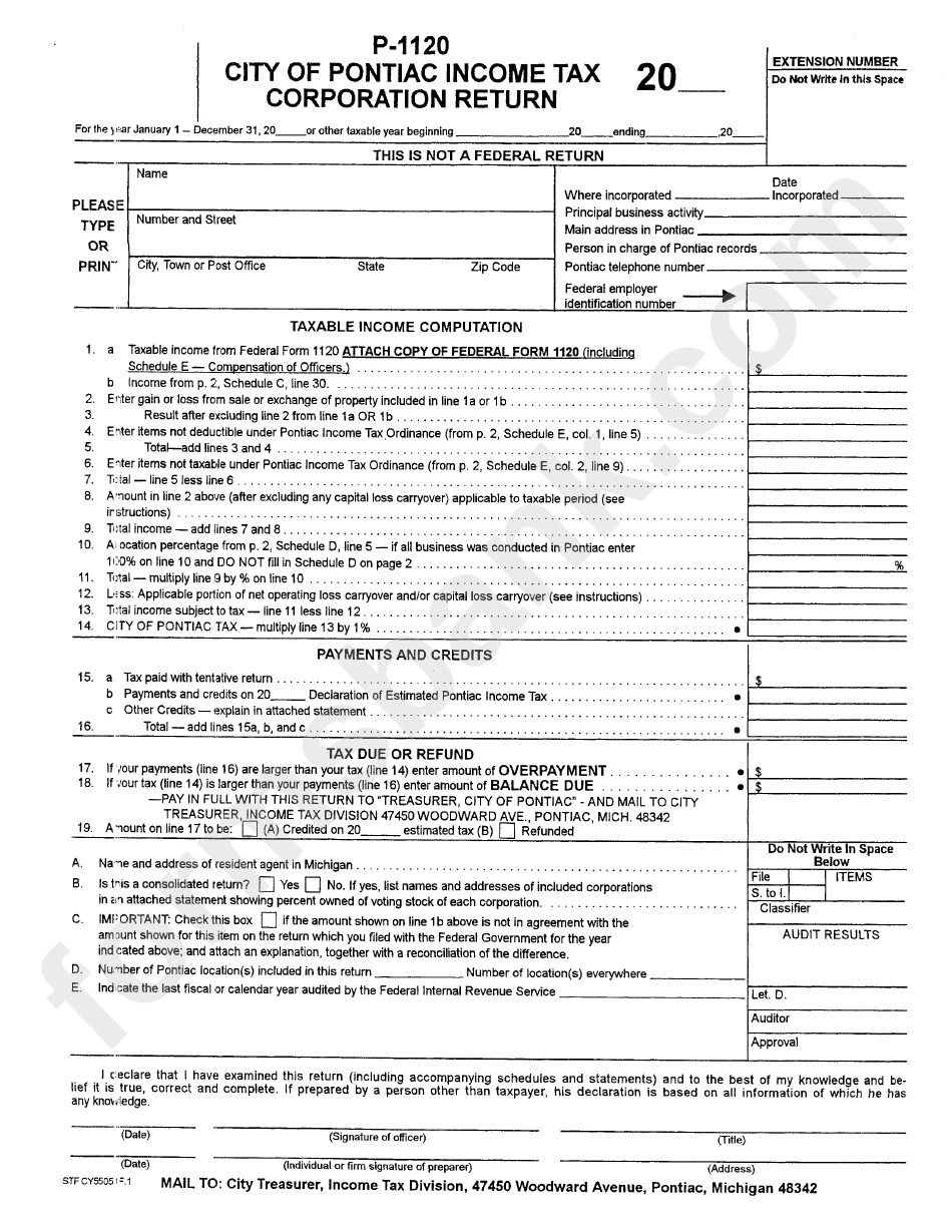 Form P 1120 City Of Pontiac Income Tax Corporation Return Printable 