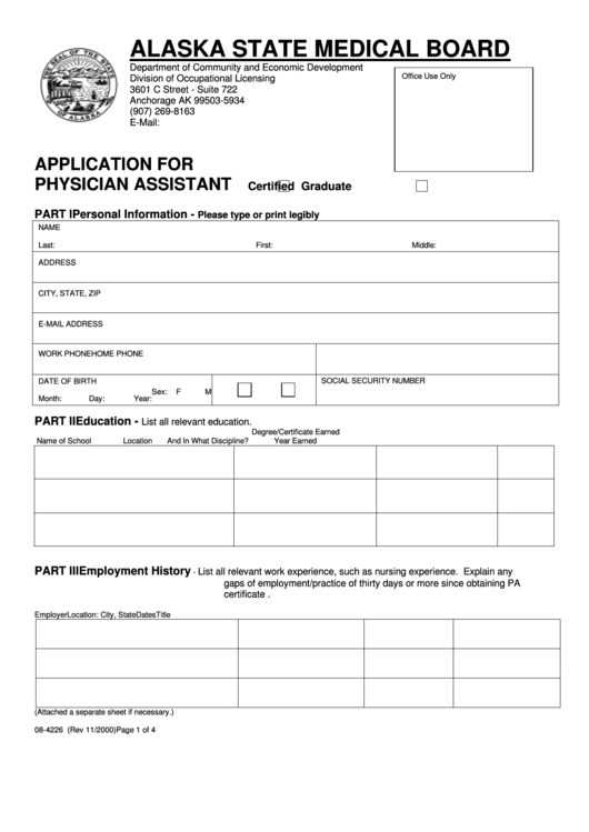 Form 08-4226 - Application For Physician Assistant - Alaska Department Of Community And Economic Development Printable pdf