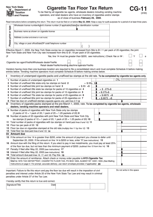 Form Cg-11 - Cigarette Tax Floor Tax Return - New York State Department Of Taxation And Finance Printable pdf