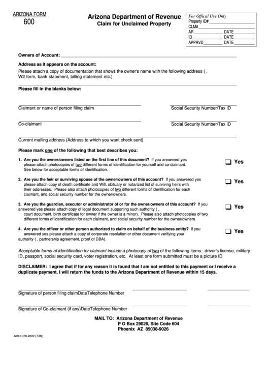 Fillable Form 600 - Claim For Refund Property - Arizona Department Of Revenue Printable pdf