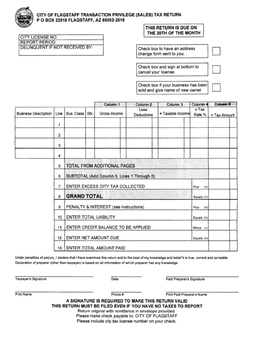 City Of Flagstaff Transaction Privilege (Sales) Tax Return Printable pdf