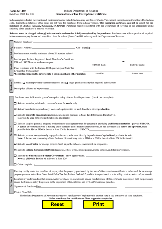 Form St-105 - General Sales Tax Exemption Certificate - Indiana Department Of Revenue Printable pdf