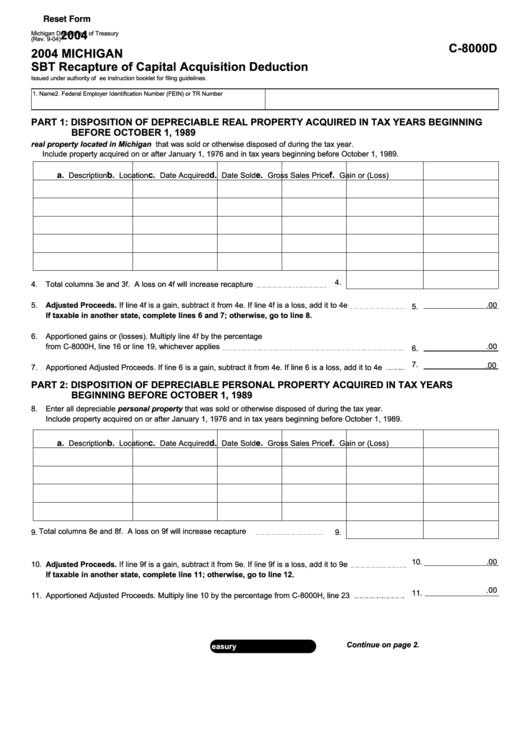Fillable Form C-8000d - Michigan Sbt Recapture Of Capital Acquisition Deduction - 2004 Printable pdf