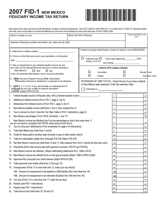 Form Fid-1 - New Mexico Fiduciary Income Tax Return - 2007 Printable pdf