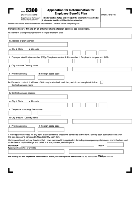 Fillable Form 5300 - Application For Determination For Employee Benefit Plan - Internal Revenue Service Printable pdf