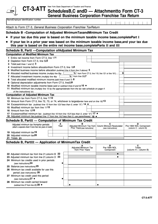 Fillable Form Ct-3-Att - T New York State Department Of Taxation And Finance Schedules B, C And D - Attachment To Form Ct-3 General Business Corporation Franchise Tax Return - 1998 Printable pdf