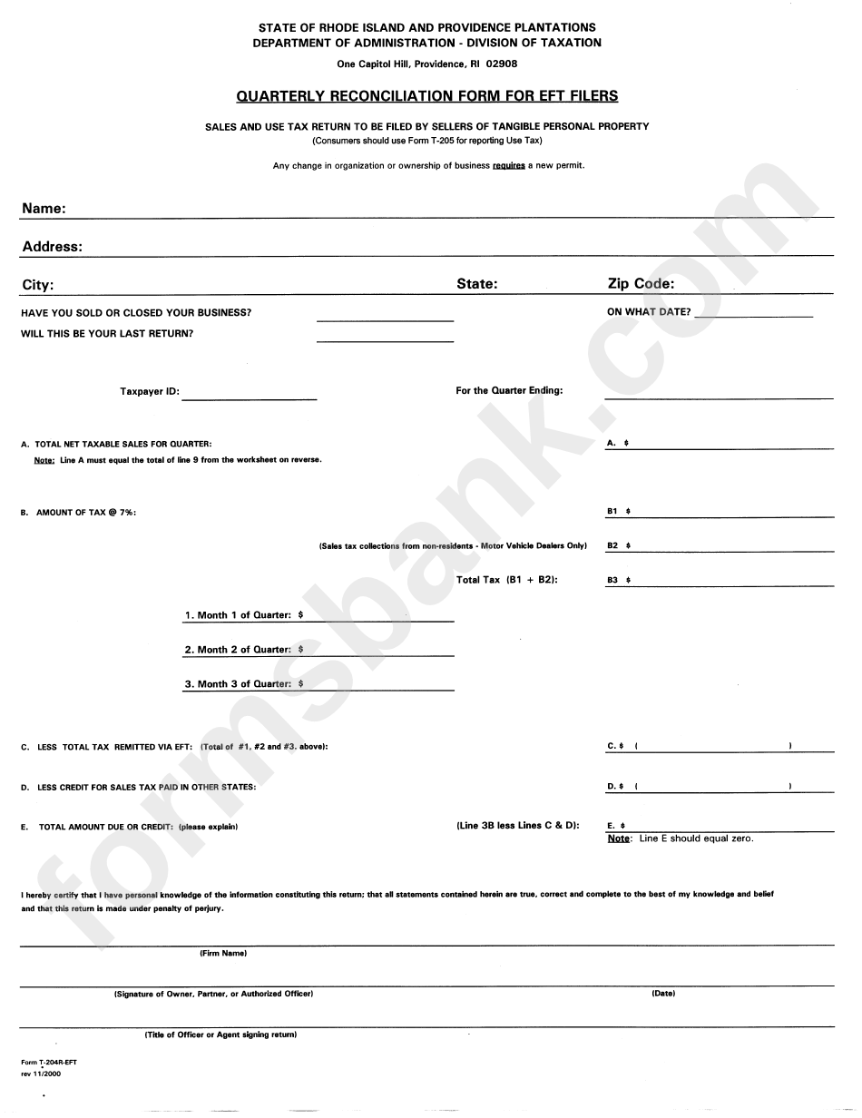 Form T-204r-Eft - Quarterly Reconciliation Form For Eft Filers - Rhode Island And Providence Plantations Department Of Administration