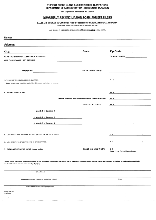 Form T-204r-Eft - Quarterly Reconciliation Form For Eft Filers - Rhode Island And Providence Plantations Department Of Administration Printable pdf