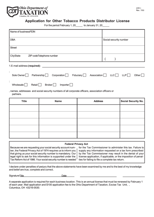 Form Otp-1 - Application For Other Tobacco Products Distributor License Printable pdf