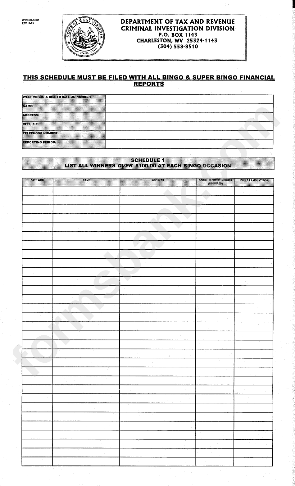 Form Wv/bgo-Sch1 - Winners List - West Virginia Department Of Tax And Revenue