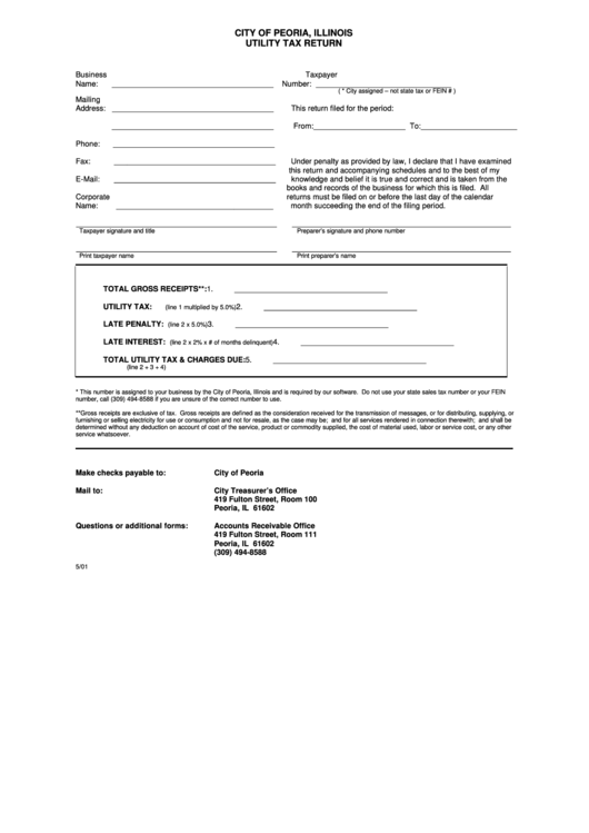 Utility Tax Return Form - City Of Peoria Printable pdf