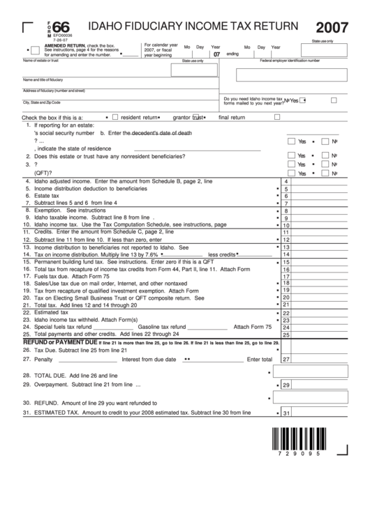 Fillable Form 66 - Idaho Fiduciary Income Tax Return - 2007 Printable pdf