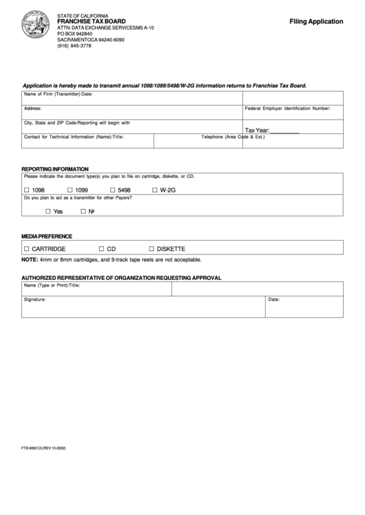 Form Ftb 4092 C3 - Filing Application - California Franchise Tax Board - 2002 Printable pdf