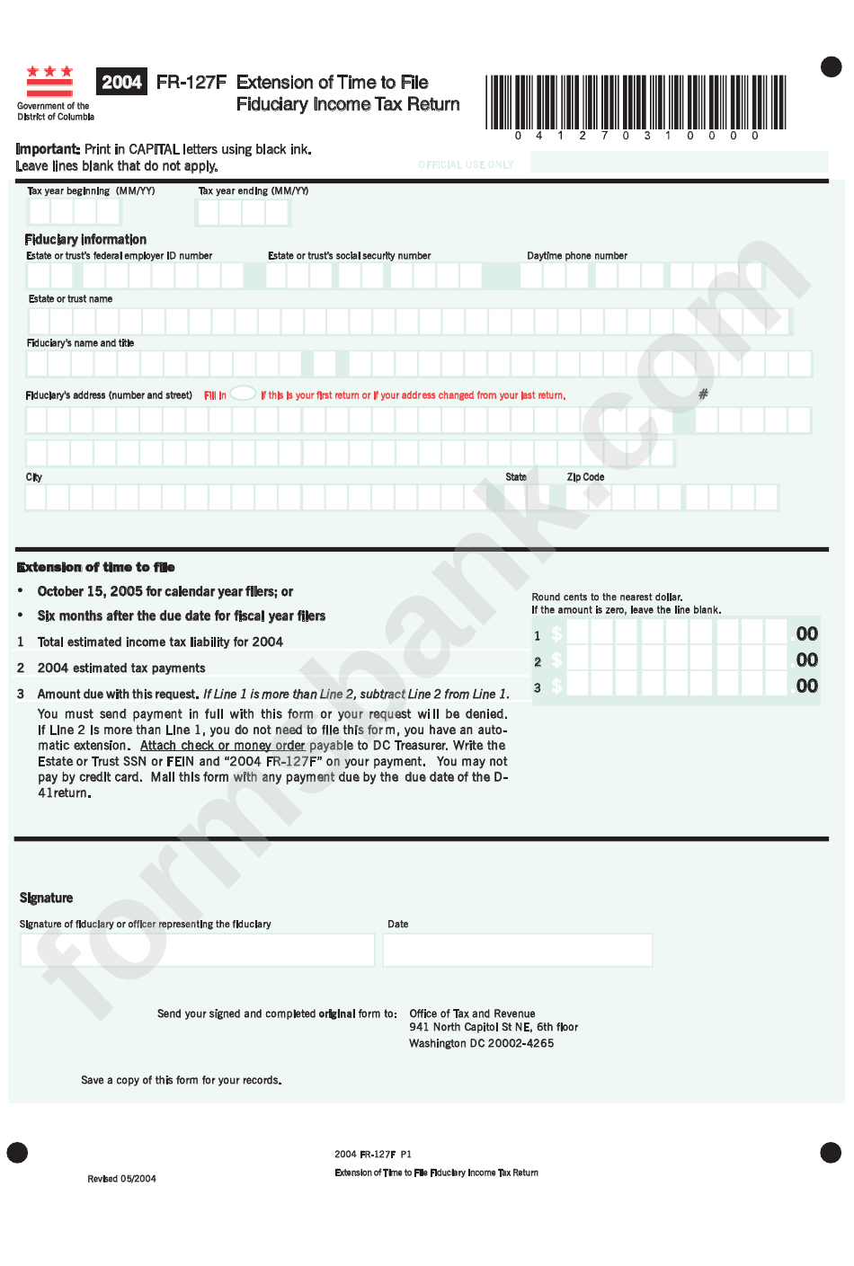 Form Fr-127f - Extension Of Time To File Fiduciary Income Tax Return - 2004