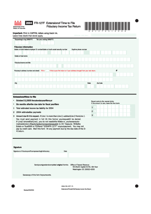 Form Fr-127f - Extension Of Time To File Fiduciary Income Tax Return - 2004 Printable pdf