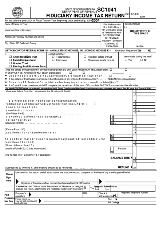 Form Sc1041 - Fiduciary Income Tax Return - 2004 Printable pdf