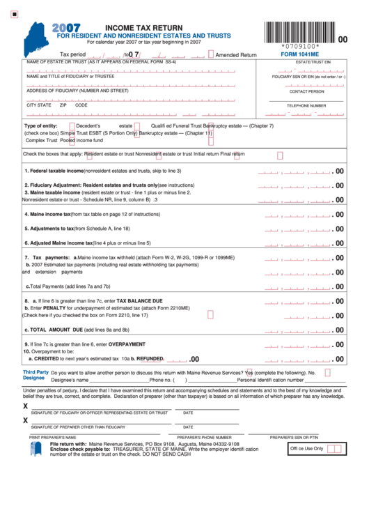Form 1041me - Income Tax Return For Resident And Nonresident Estates And Trusts - 2007 Printable pdf