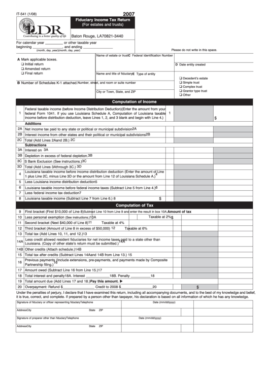 Fillable Form It541 - Fiduciary Income Tax Return (For Estates And Trusts) - 2007 Printable pdf