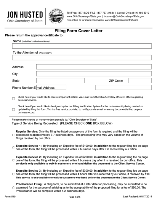 Fillable Form 540 - Filing Form Cover Letter - Jon Husted - Ohio Secretary Of State Printable pdf