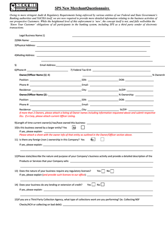 Sps New Merchant Questionnaire Form