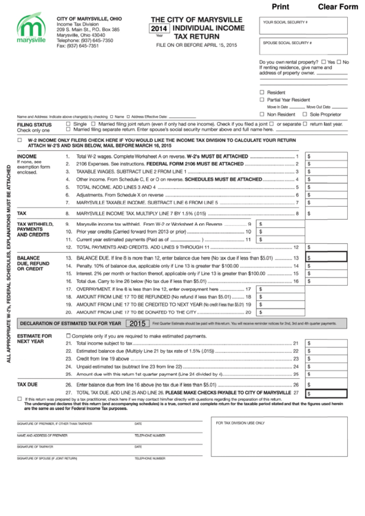 Individual Income Tax Return - City Of Marysville, Ohio - 2014 Printable pdf