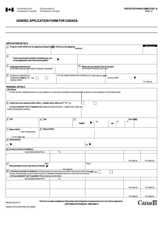 Fillable Form Imm 0008 - Canada Generic Application Printable pdf