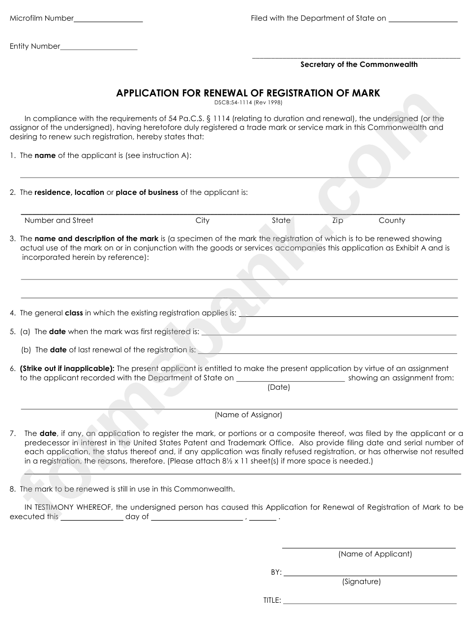 Application For Renewal Of Registration Of Mark - Pennsylvania Department Of State