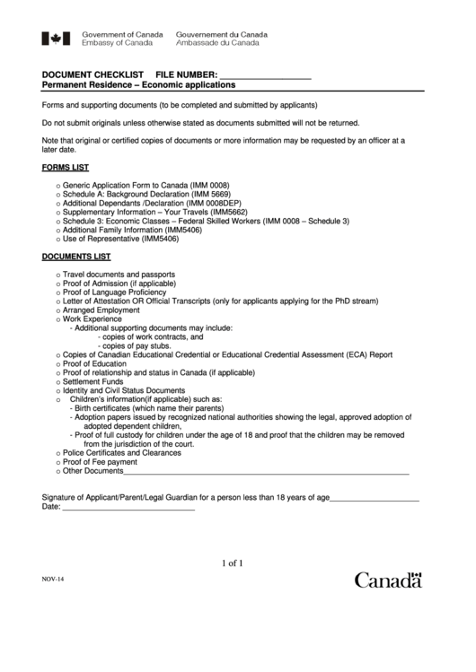 Document Checklist - Permanent Residence - Economic Applications Printable pdf