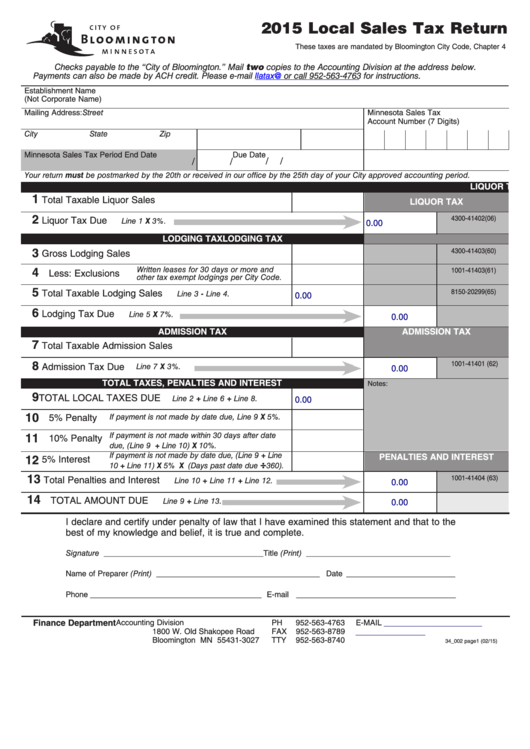 Fillable Local Sales Tax Return Form - City Of Bloomington - 2015 Printable pdf