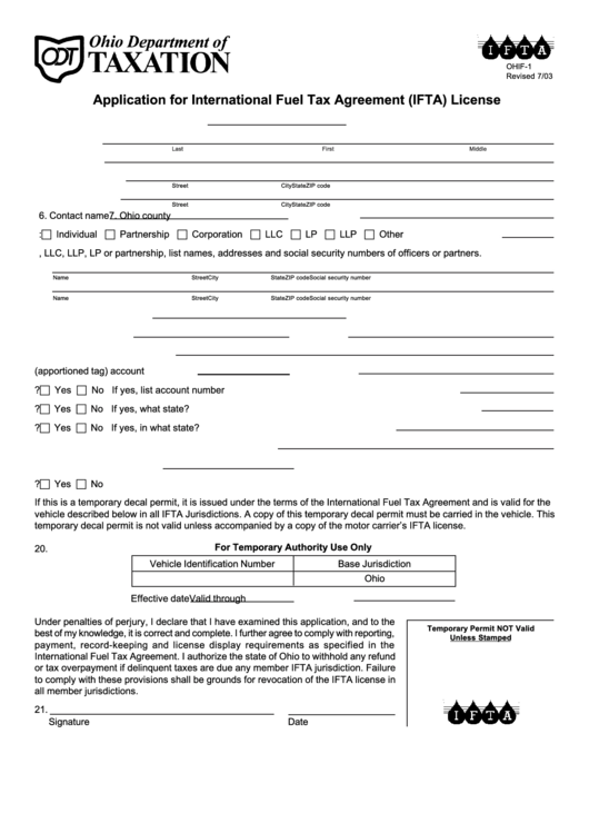 Form Ohif-1 - Application For International Fuel Tax Agreement (Ifta) License Printable pdf