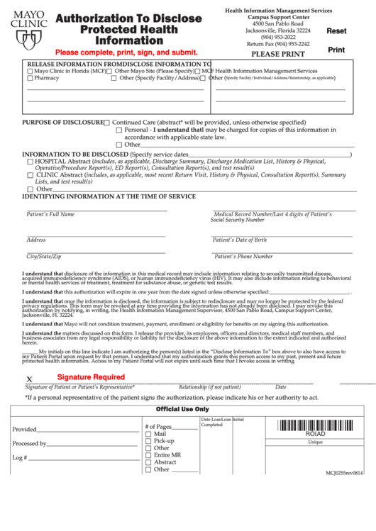 Fillable Authorization To Disclose Protected Health Information Form Printable pdf