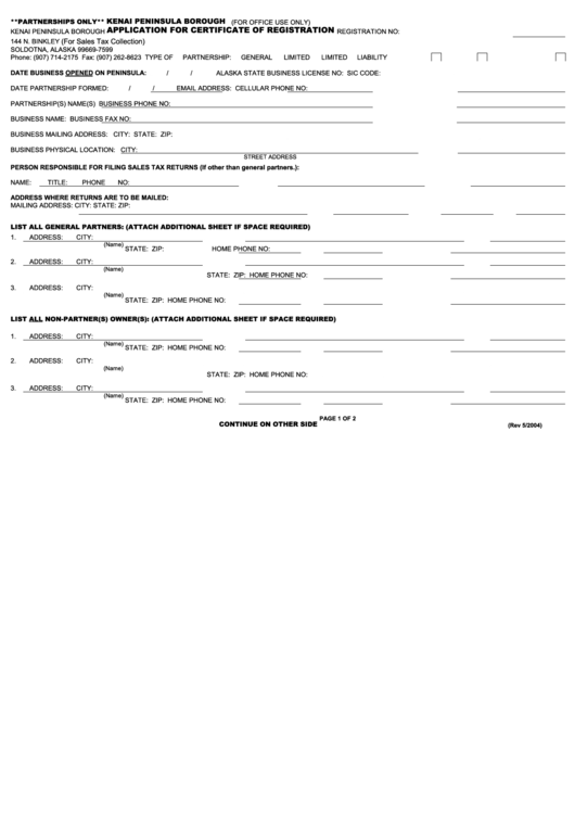 Application For Certificate Of Registration - Kenai Peninsula Borough Printable pdf