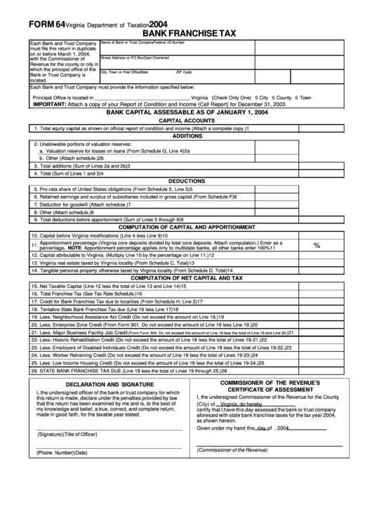 Form 64 - Bank Franchise Tax - 2004 Printable pdf