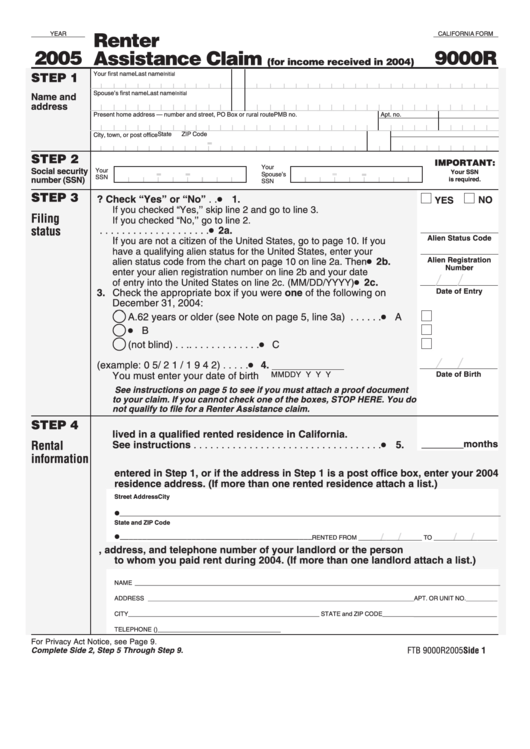 California Form 9000r - Renter Assistance Claim - 2005 Printable pdf