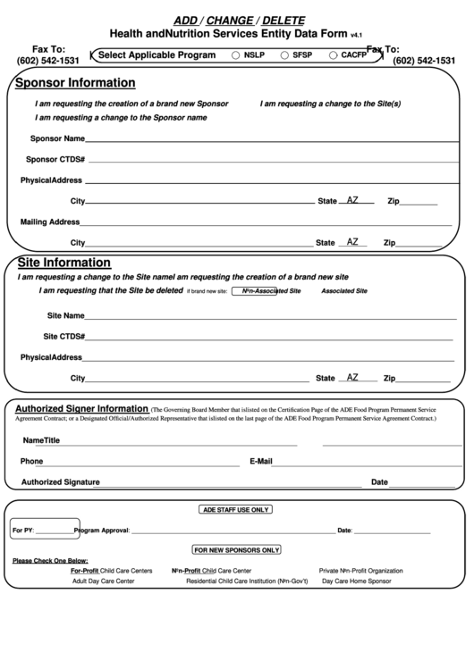 Fillable Health And Nutrition Services Entity Data Form Printable pdf