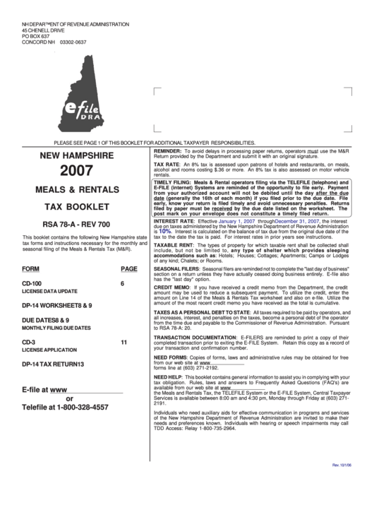 New Hampshire 2007 Meals & Rentals Tax Booklet Printable pdf