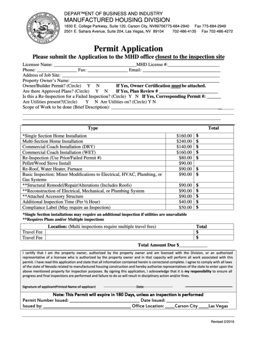 Permit Application - Department Of Business And Industry - Manufactured Housing Division Form Printable pdf