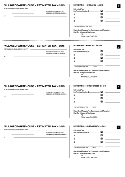 Estimated Tax Payment Vouchers - Village Of Whitehouse, Ohio - 2015 Printable pdf